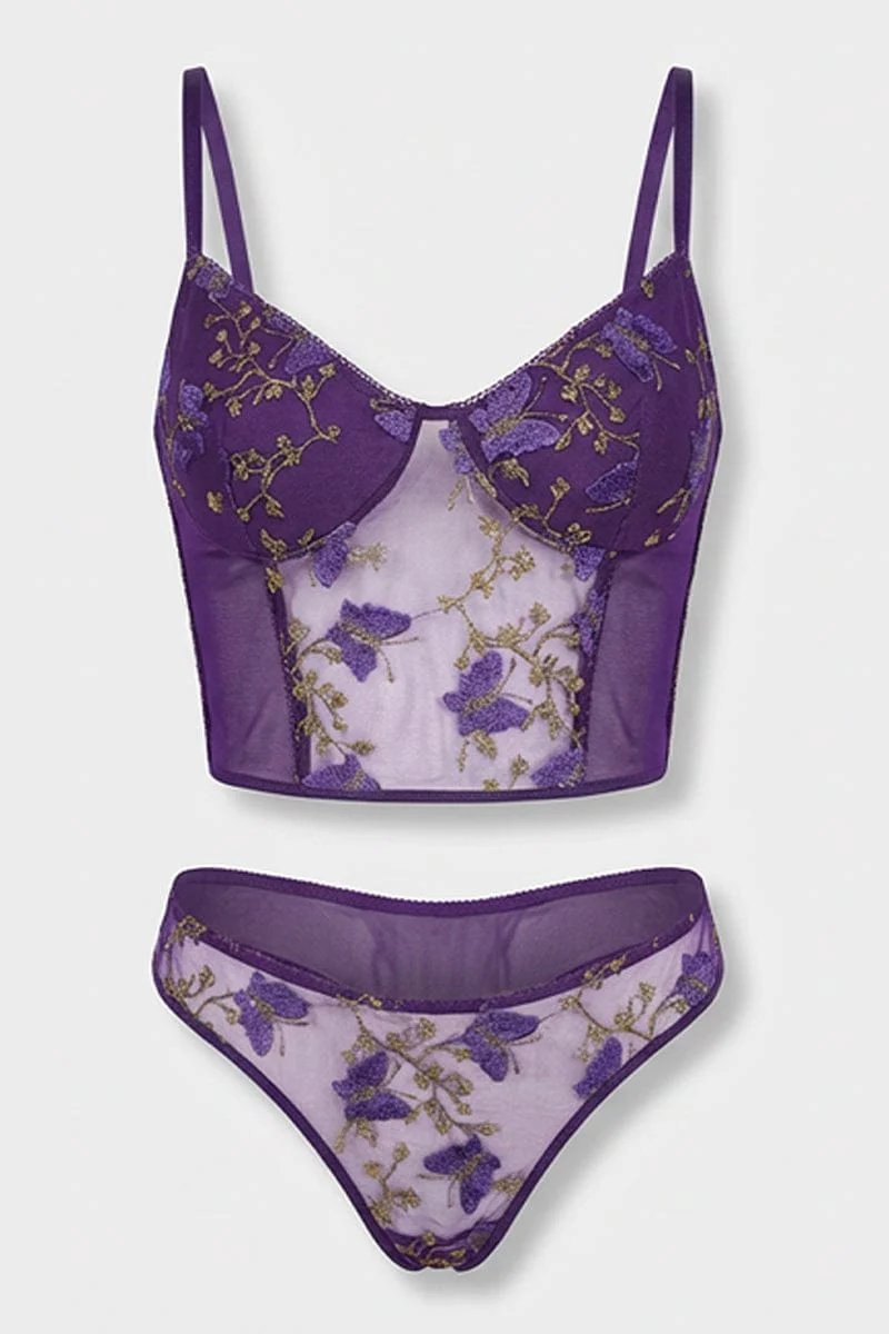 Purple Embroidery Lingerie Set