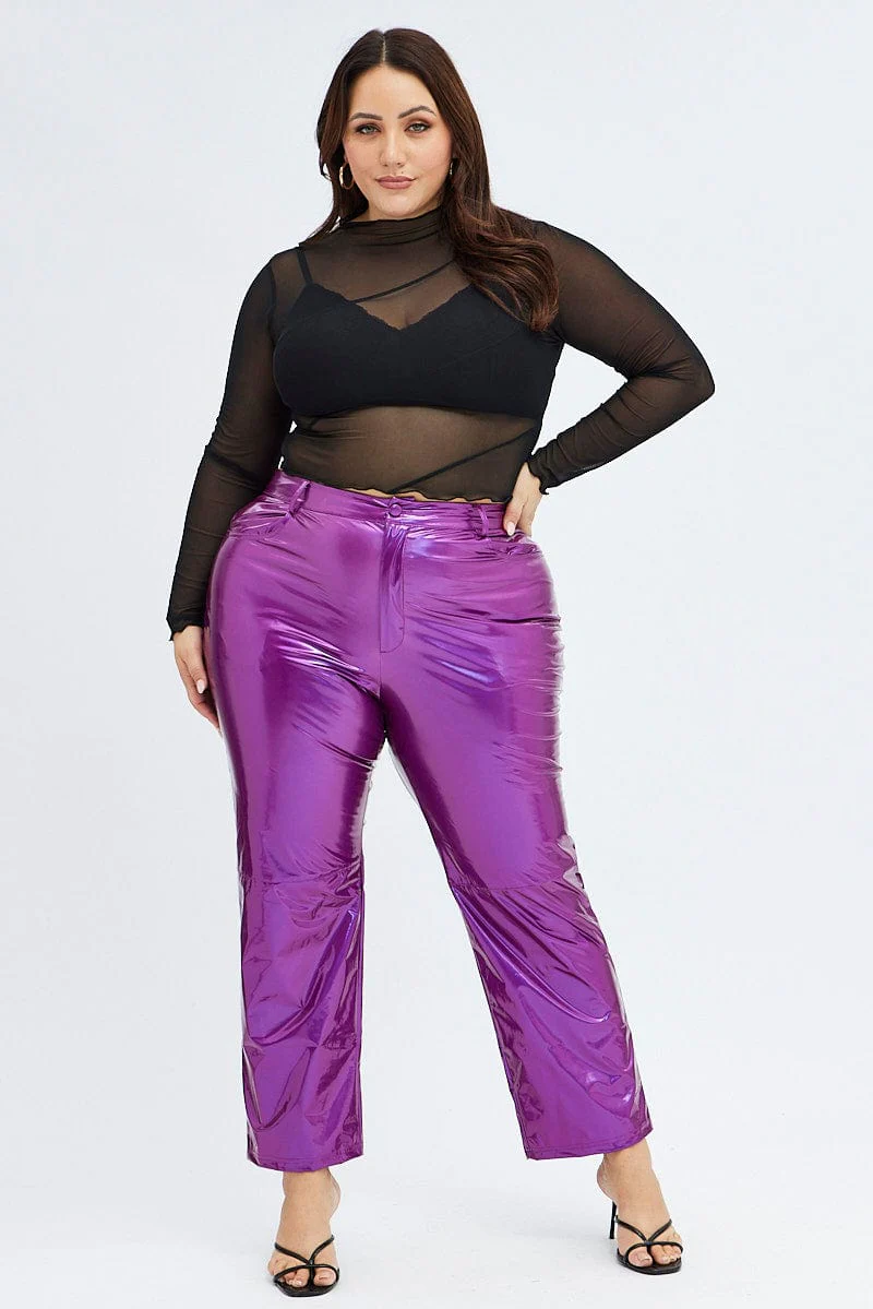 Purple Faux Leather Pants High Button Waist Wide Leg - Image 2
