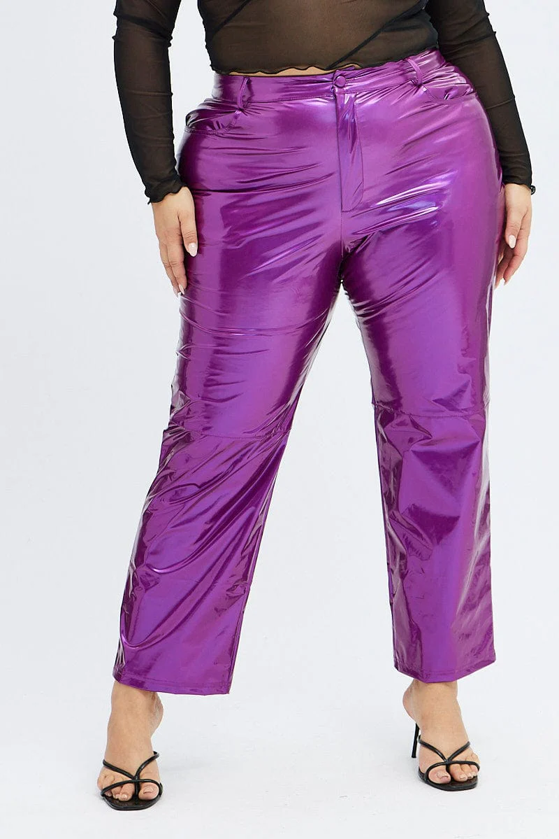 Purple Faux Leather Pants High Button Waist Wide Leg - Image 3