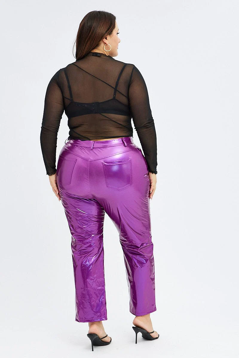 Purple Faux Leather Pants High Button Waist Wide Leg - Image 5
