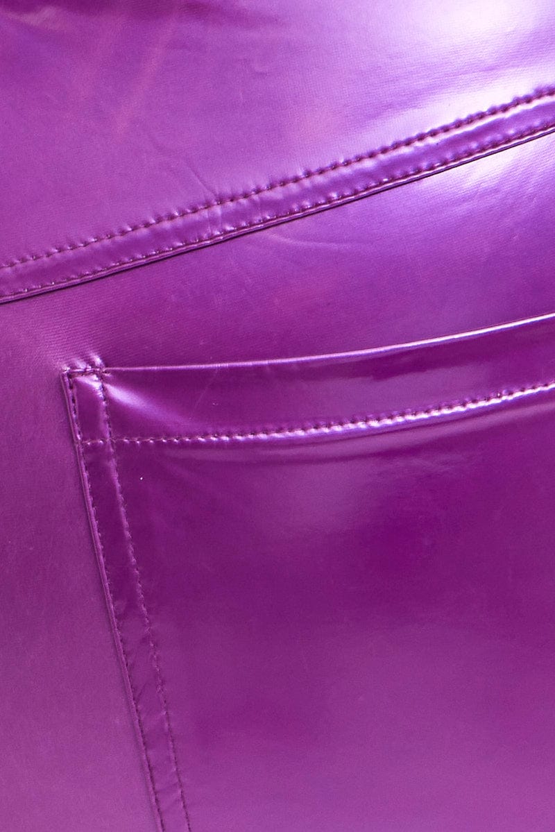 Purple Faux Leather Pants High Button Waist Wide Leg - Image 6