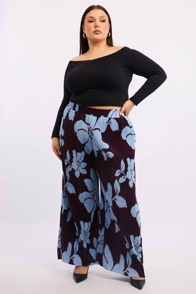 Purple Floral Plisse Pleat Elastic Waist Wide Leg Pants