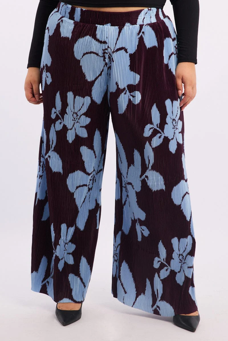 Purple Floral Plisse Pleat Elastic Waist Wide Leg Pants - Image 2