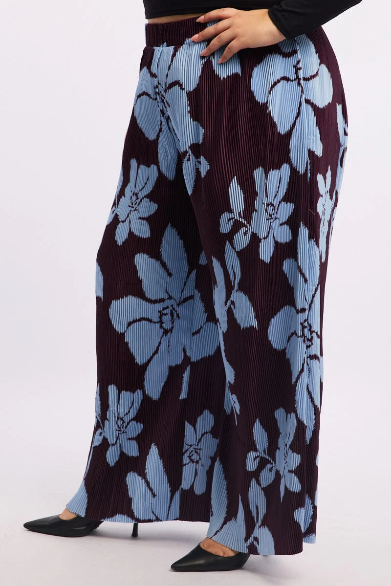 Purple Floral Plisse Pleat Elastic Waist Wide Leg Pants - Image 3