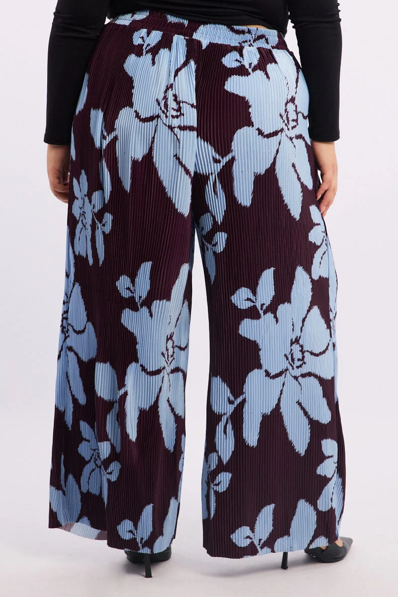 Purple Floral Plisse Pleat Elastic Waist Wide Leg Pants - Image 4