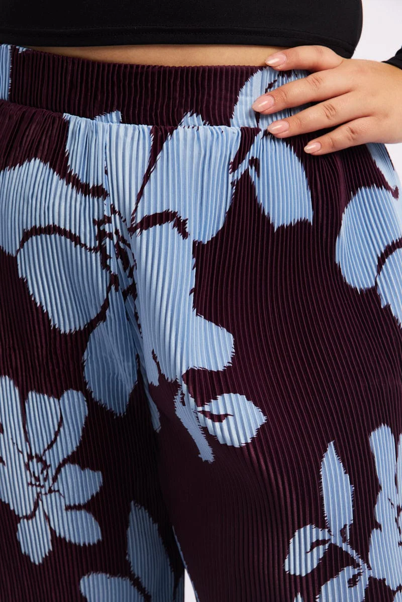 Purple Floral Plisse Pleat Elastic Waist Wide Leg Pants - Image 5