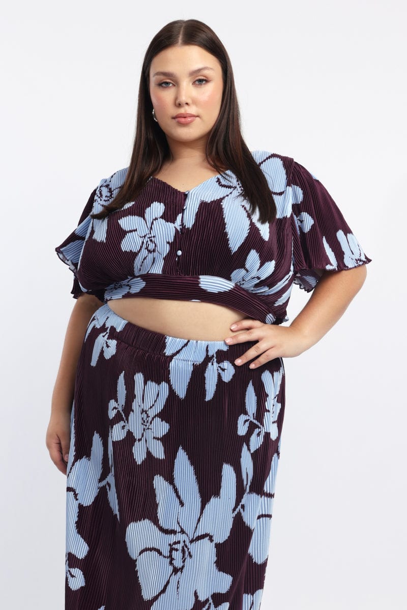 Purple Floral Plisse Top Short Sleeve V-neck - Image 2