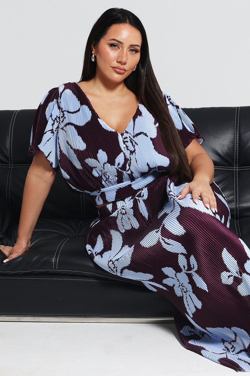 Purple Floral Plisse Top Short Sleeve V-neck - Image 3