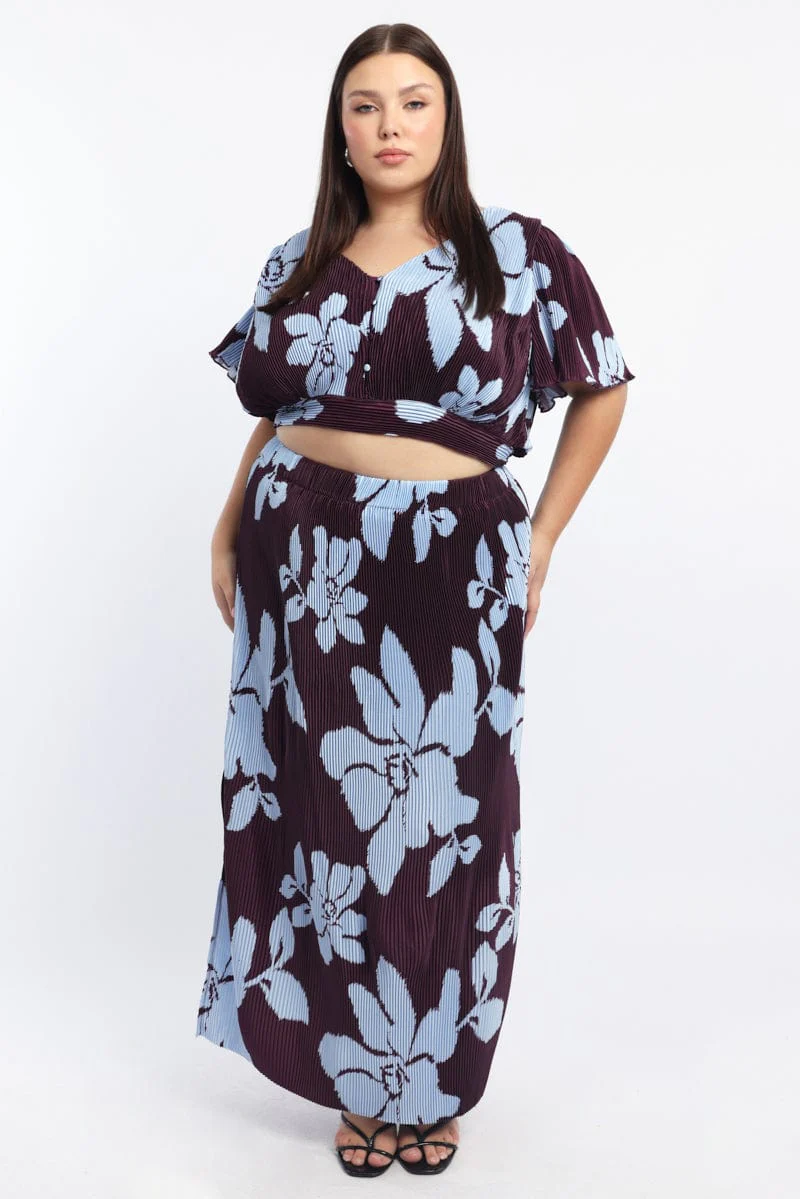 Purple Floral Plisse Top Short Sleeve V-neck - Image 4