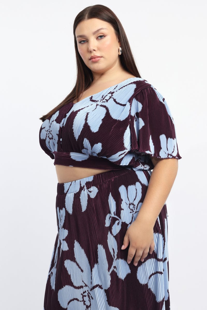 Purple Floral Plisse Top Short Sleeve V-neck - Image 5