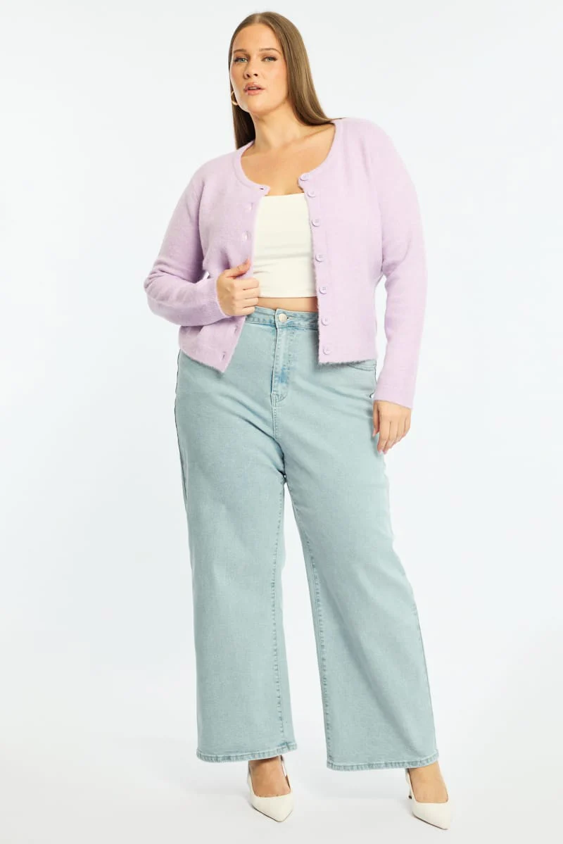 Purple Fluffy Knit Cardigan Long Sleeve - Image 3