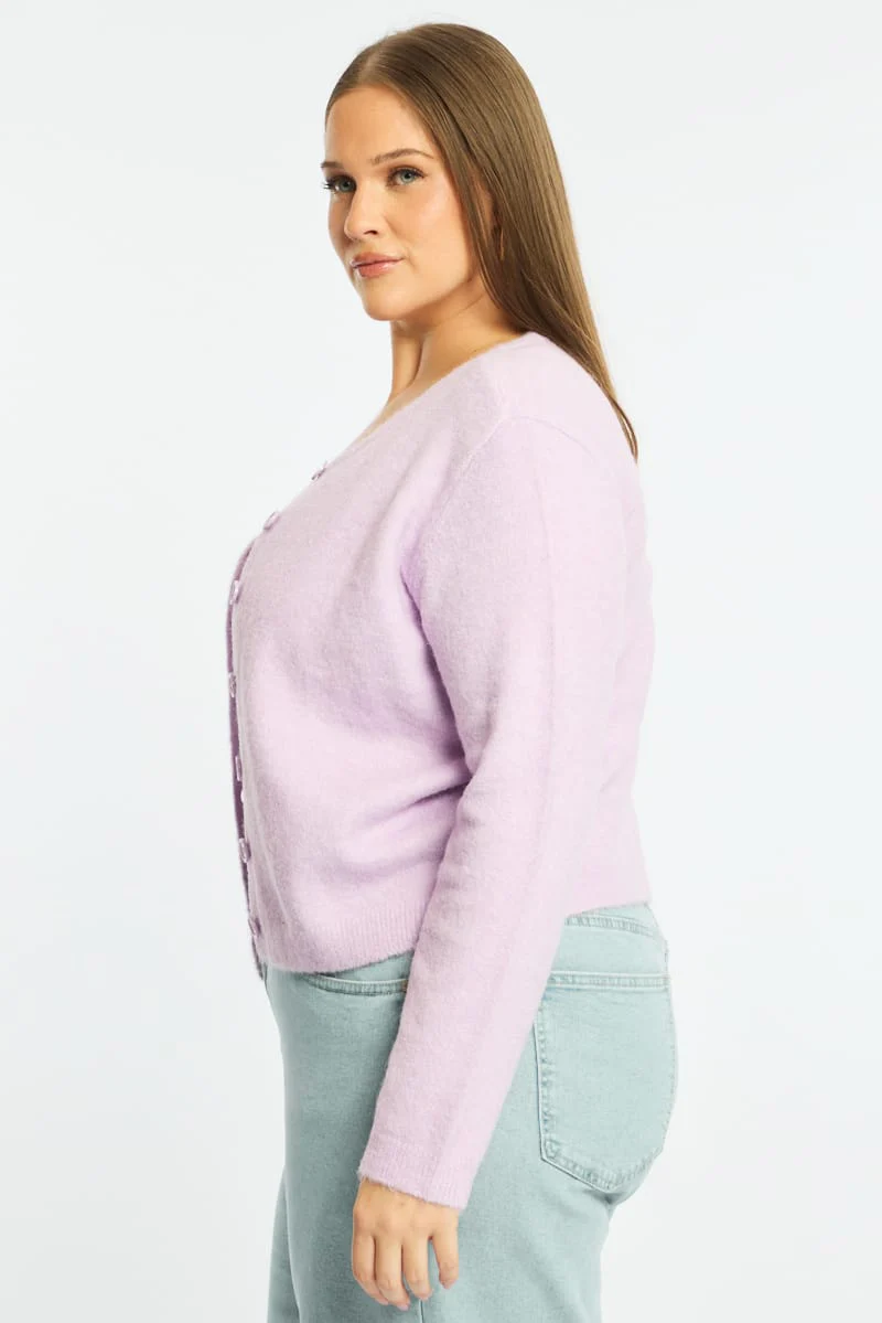 Purple Fluffy Knit Cardigan Long Sleeve - Image 4