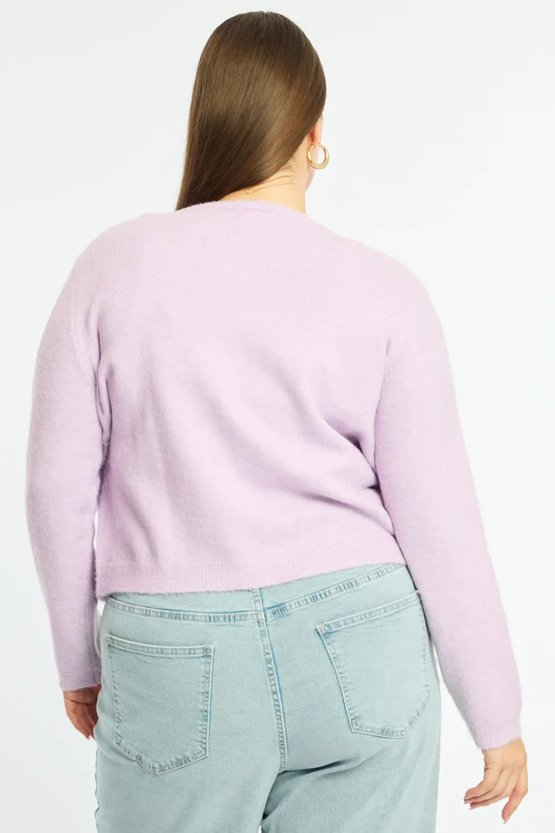 Purple Fluffy Knit Cardigan Long Sleeve - Image 5