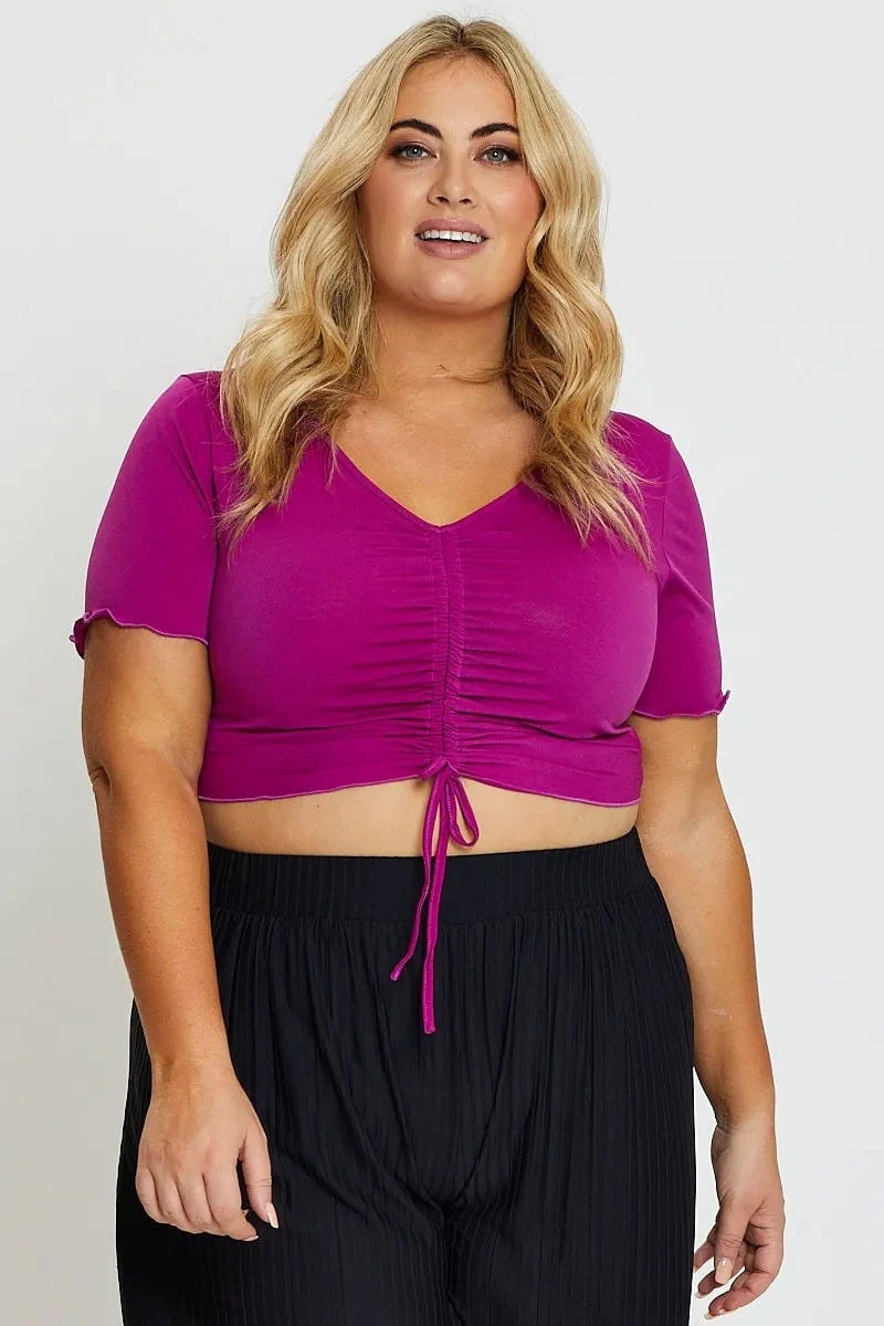 Purple Front T-shirt V-Neck Jersey Rib Ruched - Image 3