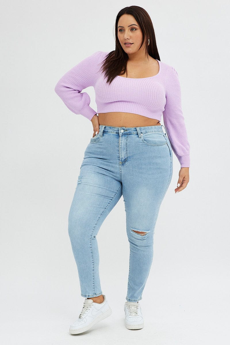 Purple Knit Top Square Neck Long Sleeve Crop - Image 3