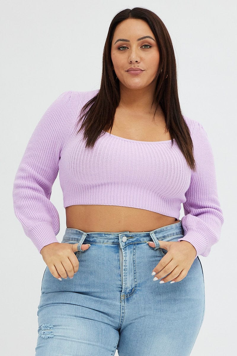 Purple Knit Top Square Neck Long Sleeve Crop - Image 4