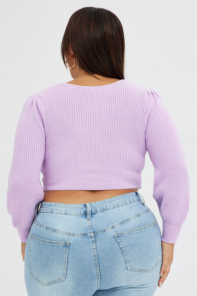 Purple Knit Top Square Neck Long Sleeve Crop - Image 6