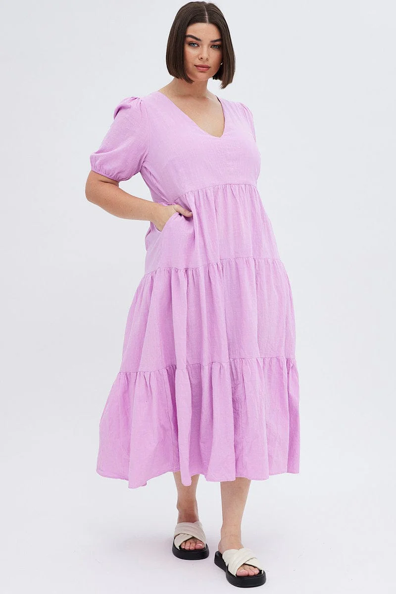 Purple Maxi Dress Tiered Puff Sleeve V-neck - Image 3