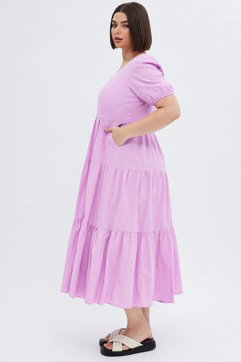 Purple Maxi Dress Tiered Puff Sleeve V-neck - Image 4