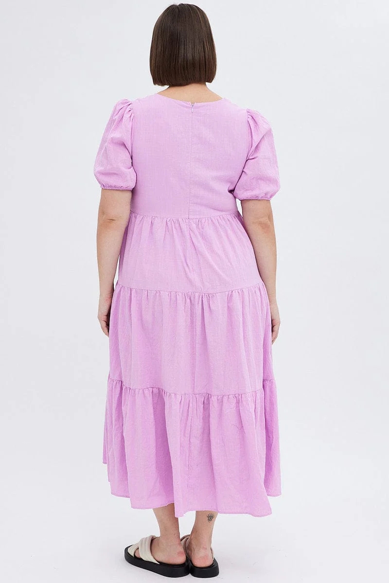 Purple Maxi Dress Tiered Puff Sleeve V-neck - Image 5