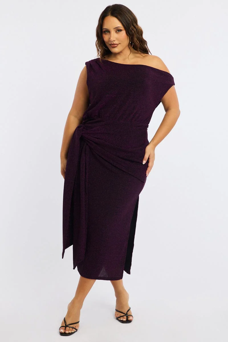 Purple Metallic Maxi Dress One Shoulder
