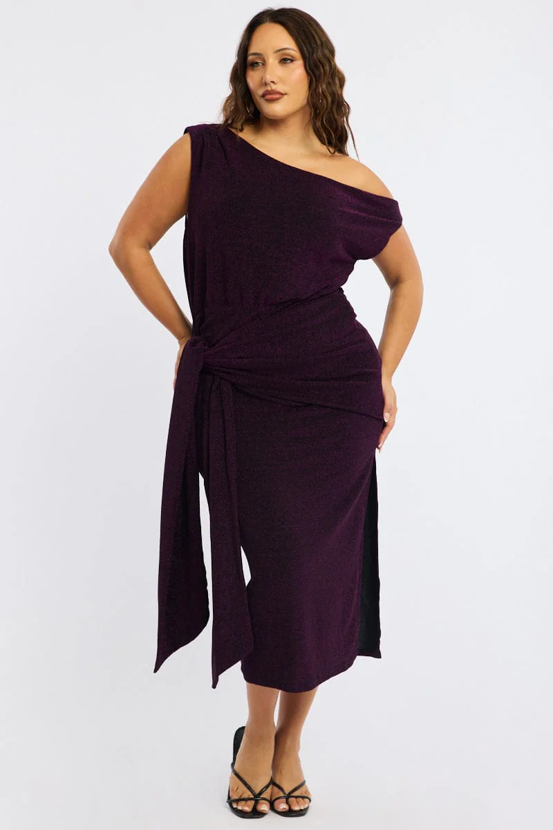 Purple Metallic Maxi Dress One Shoulder - Image 3