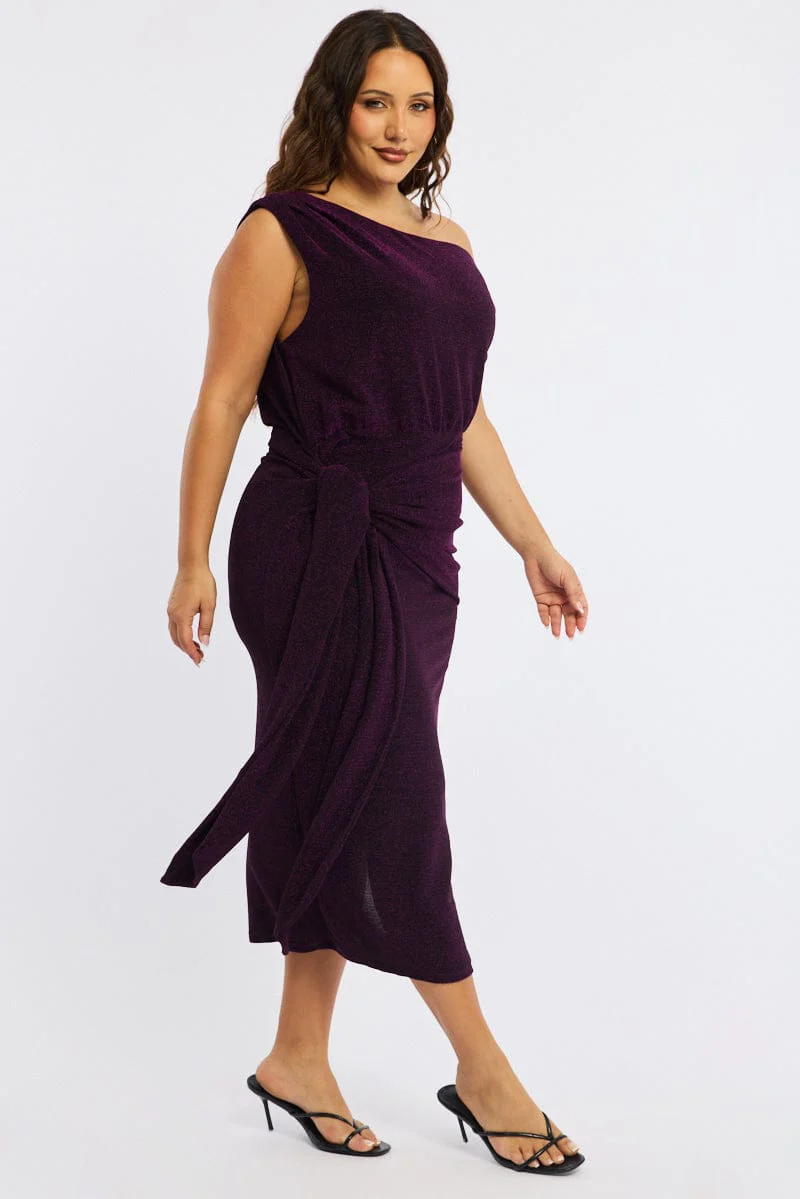 Purple Metallic Maxi Dress One Shoulder - Image 4