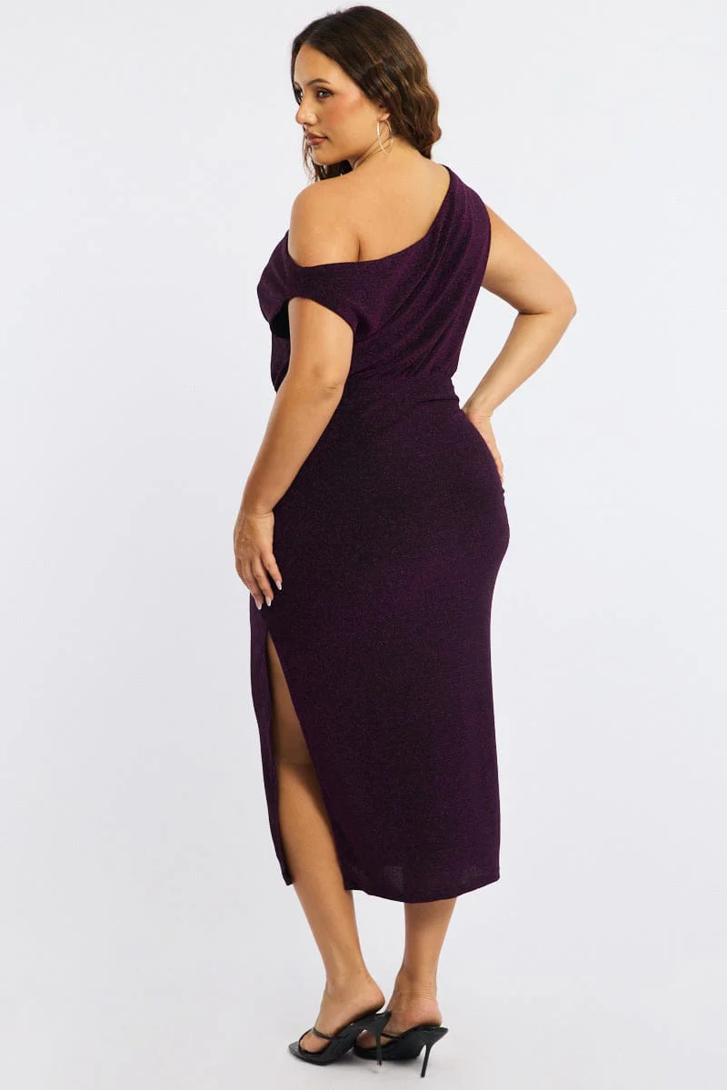 Purple Metallic Maxi Dress One Shoulder - Image 5