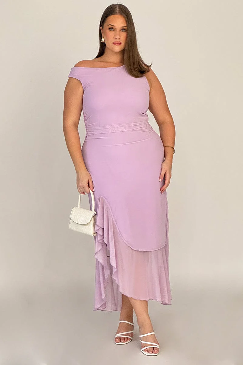 Purple Midi Dress Asymmetric Shoulder Mesh Ruffle