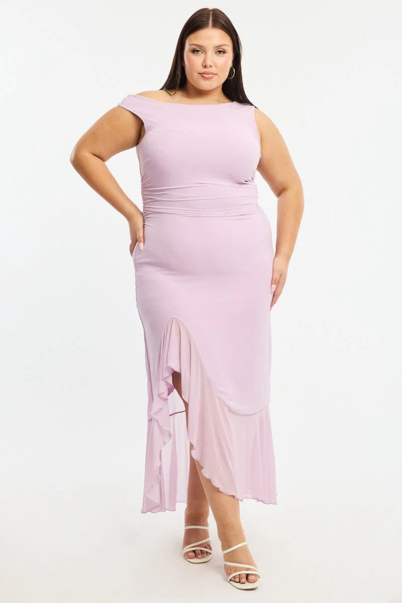 Purple Midi Dress Asymmetric Shoulder Mesh Ruffle - Image 2