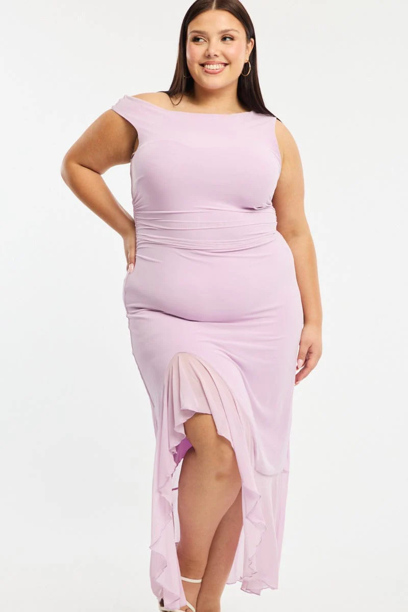 Purple Midi Dress Asymmetric Shoulder Mesh Ruffle - Image 3