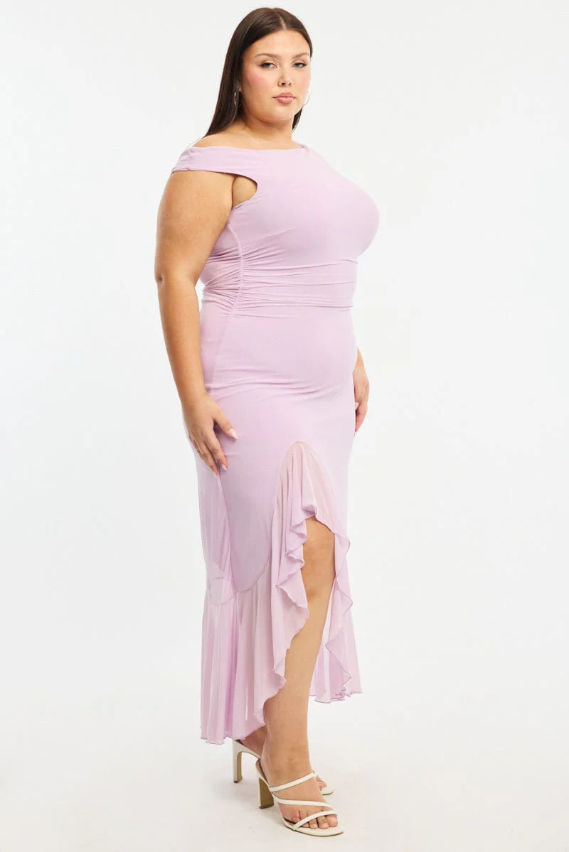 Purple Midi Dress Asymmetric Shoulder Mesh Ruffle - Image 4