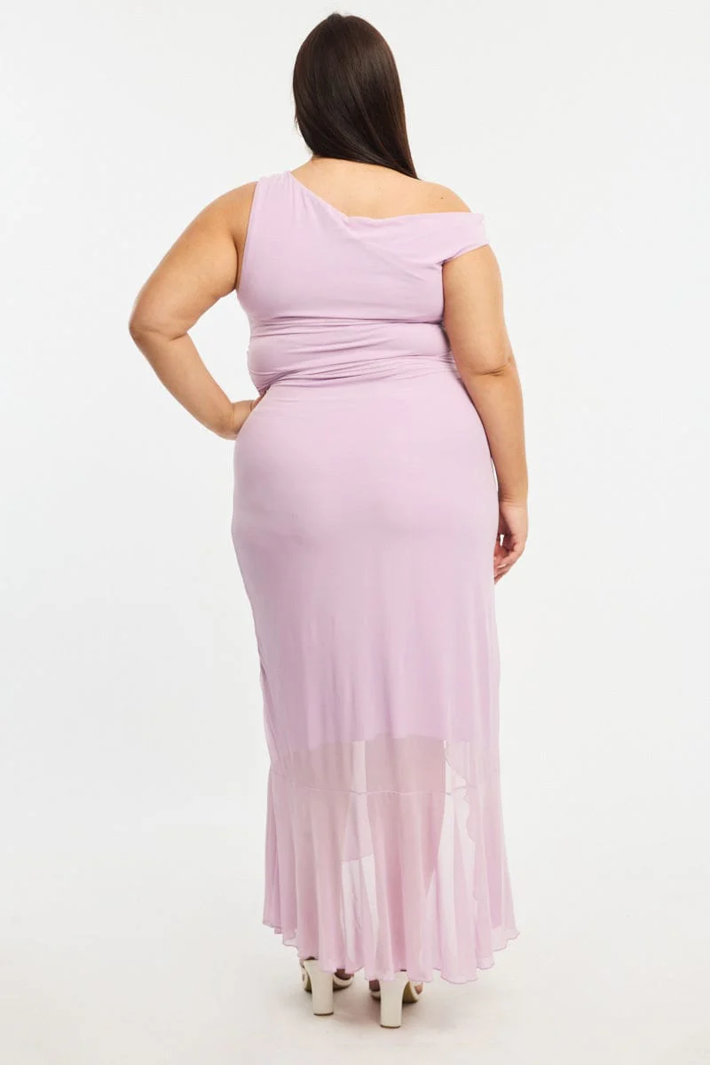 Purple Midi Dress Asymmetric Shoulder Mesh Ruffle - Image 5