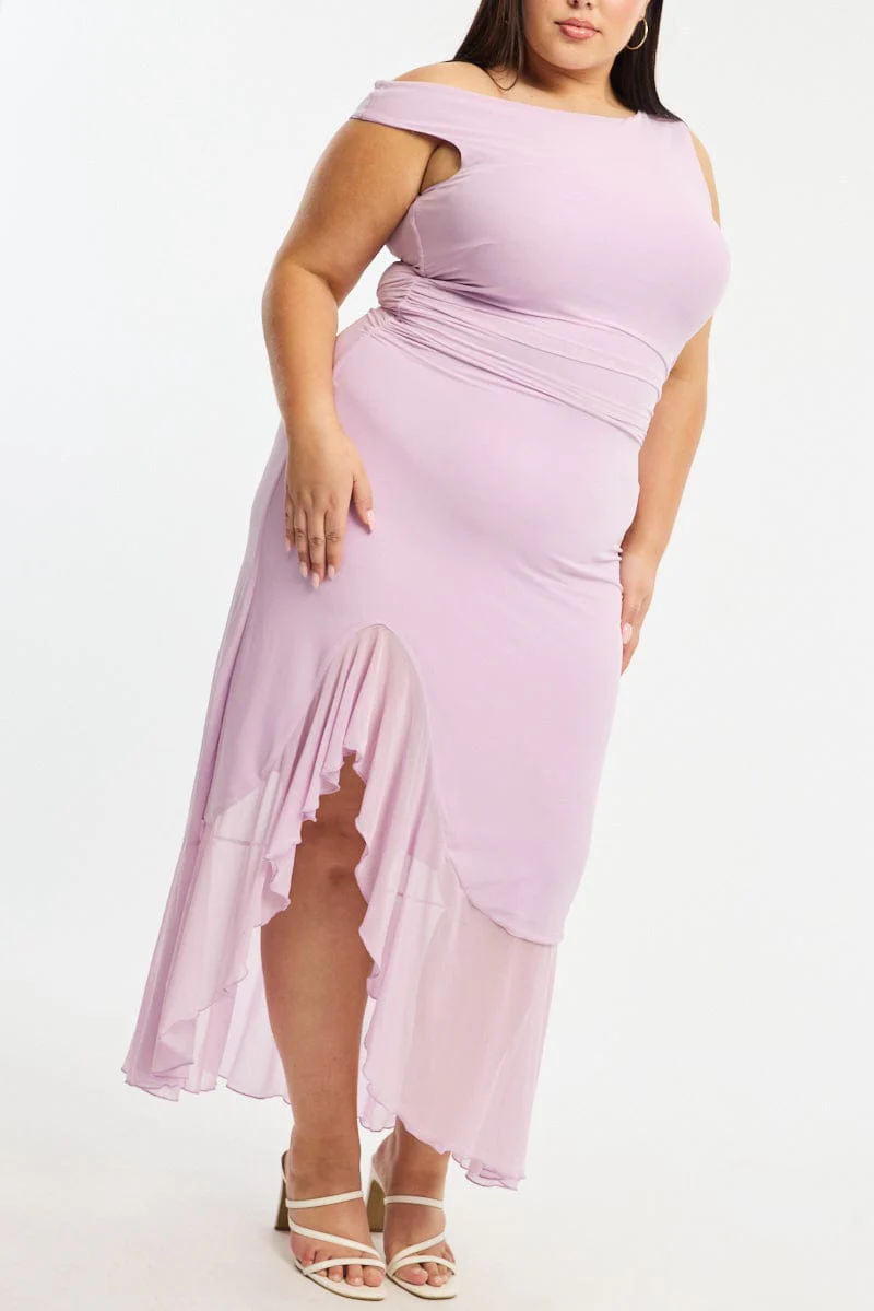 Purple Midi Dress Asymmetric Shoulder Mesh Ruffle - Image 6