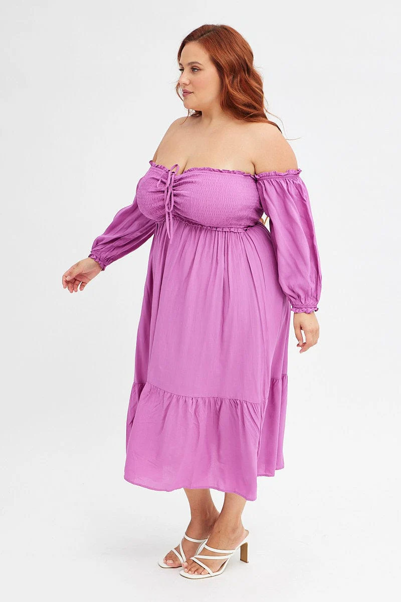 Purple Midi Dress Off Shoulder Shirred - Image 4