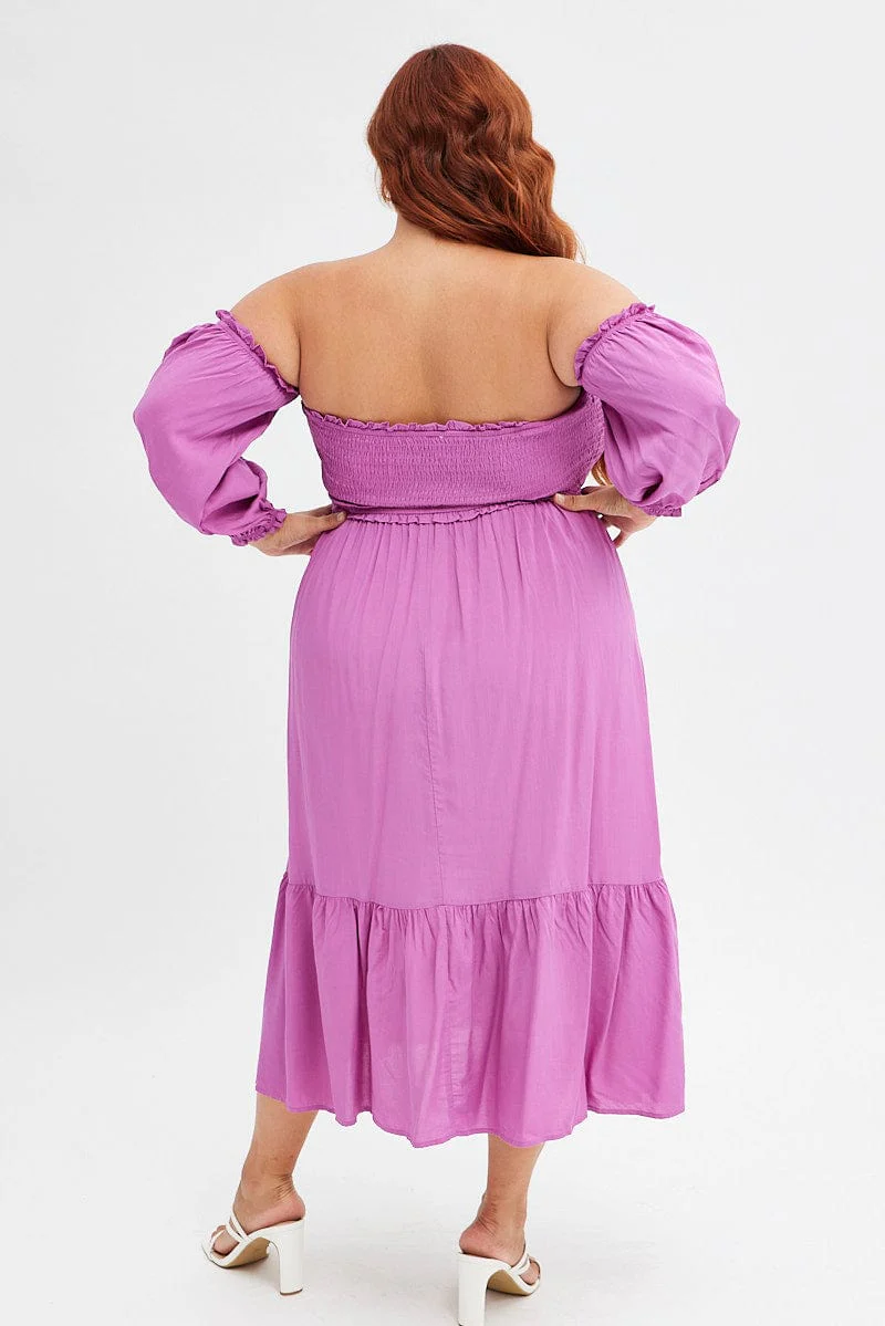 Purple Midi Dress Off Shoulder Shirred - Image 5