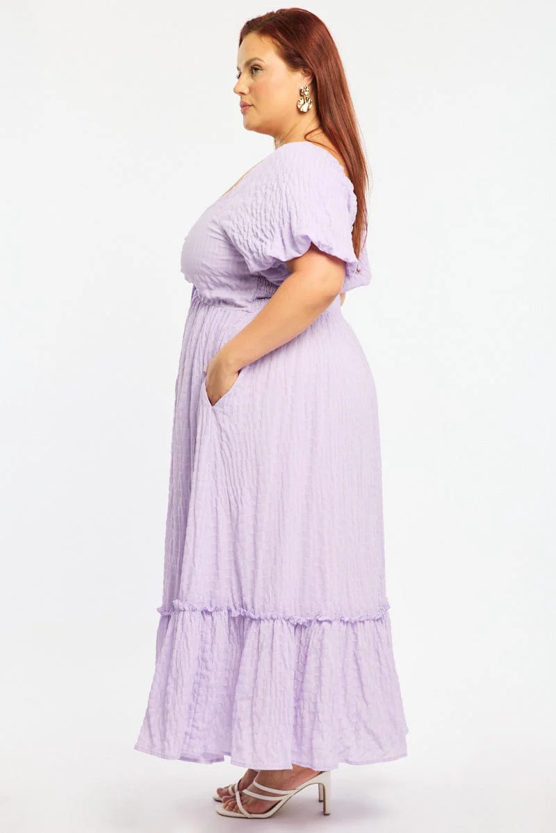 Purple Midi Dress Short Sleeve Ruched Bust Textured - Image 3