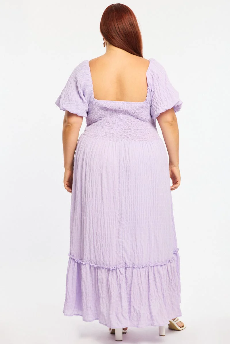 Purple Midi Dress Short Sleeve Ruched Bust Textured - Image 4