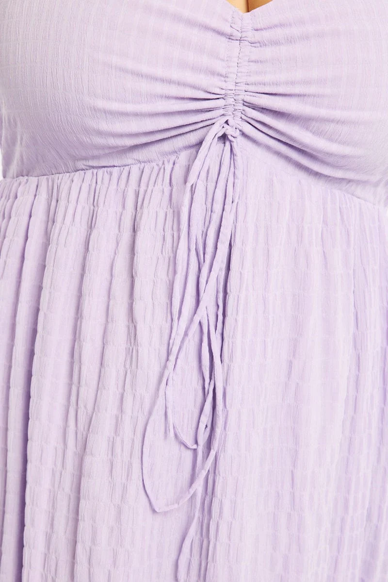 Purple Midi Dress Short Sleeve Ruched Bust Textured - Image 5
