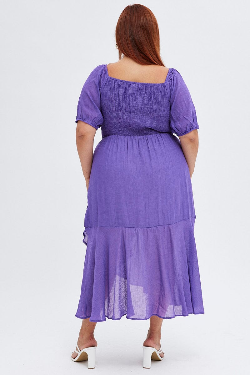 Purple Midi Dress Short Sleeve Ruffle Ruched Bust - Image 5