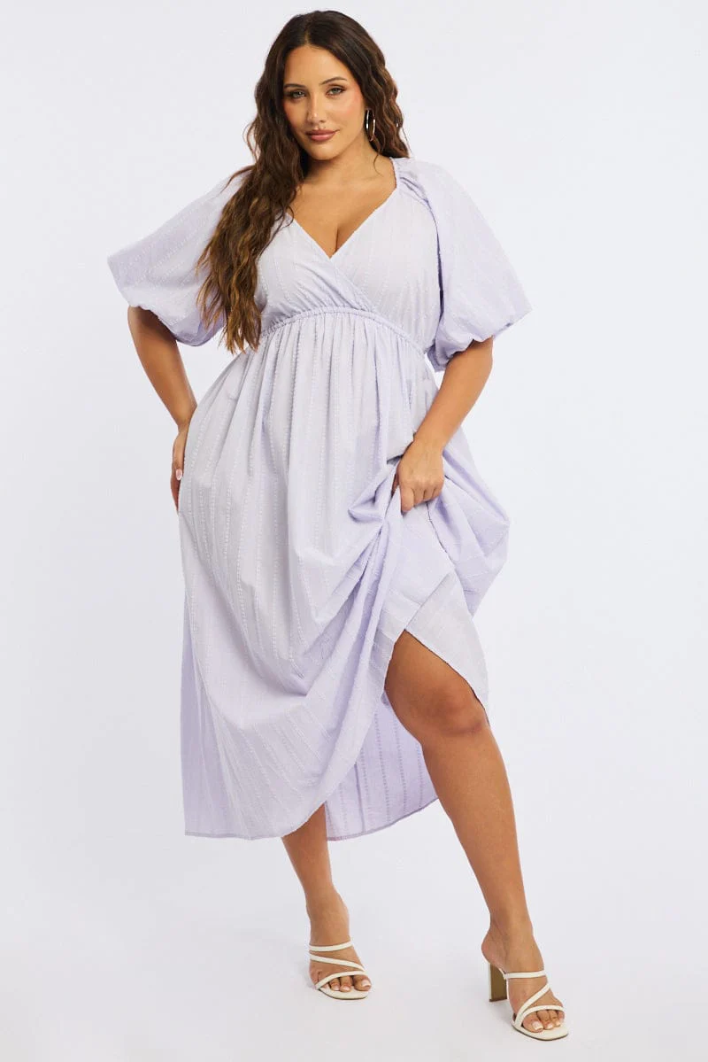 Purple Midi Dress Short Sleeve Textured Cotton
