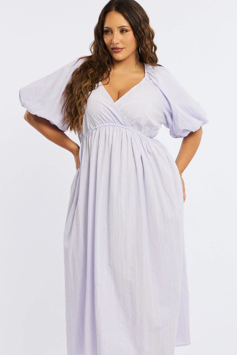 Purple Midi Dress Short Sleeve Textured Cotton - Image 2
