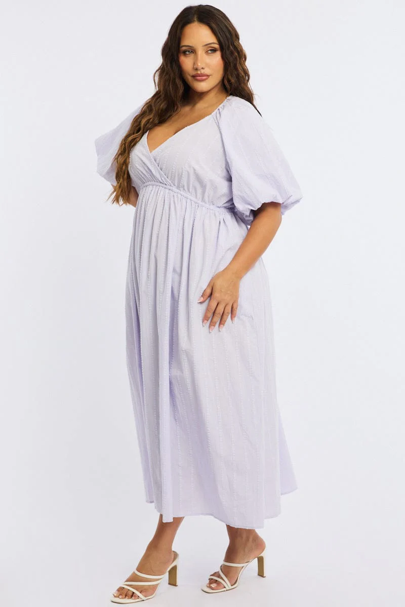 Purple Midi Dress Short Sleeve Textured Cotton - Image 3