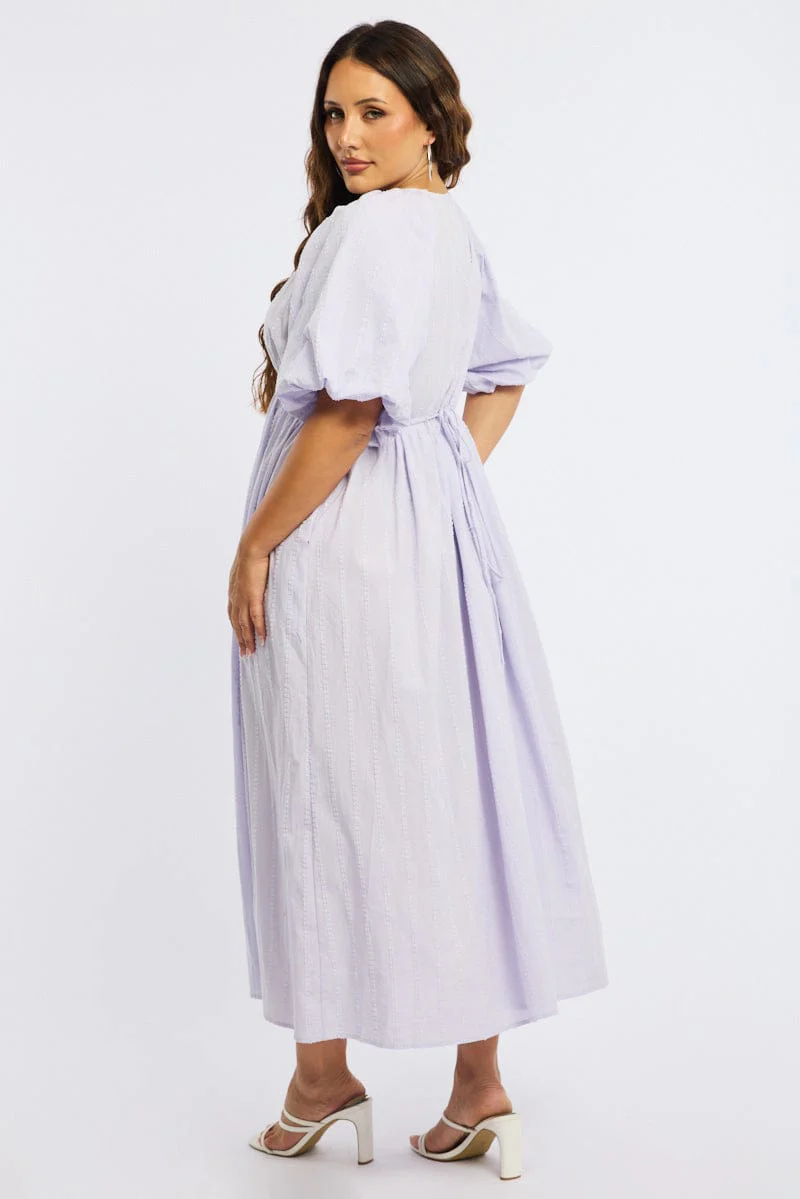Purple Midi Dress Short Sleeve Textured Cotton - Image 4