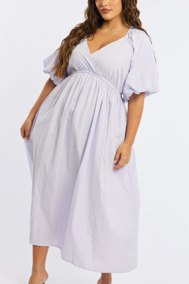 Purple Midi Dress Short Sleeve Textured Cotton - Image 5