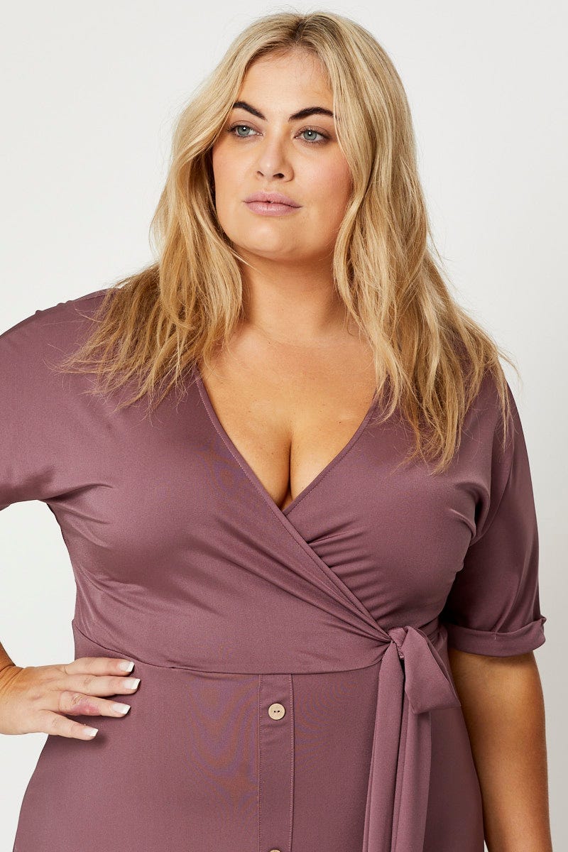 Purple Midi Dress V-neck Short Sleeve Waist Tie - Image 2