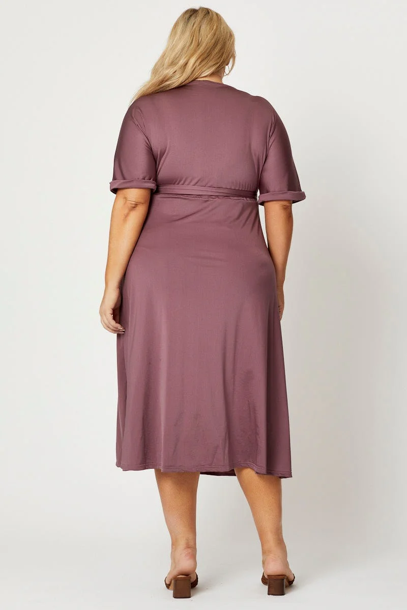Purple Midi Dress V-neck Short Sleeve Waist Tie - Image 3