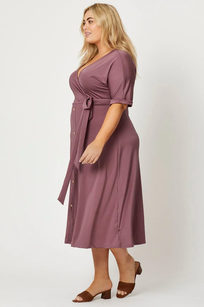 Purple Midi Dress V-neck Short Sleeve Waist Tie - Image 4