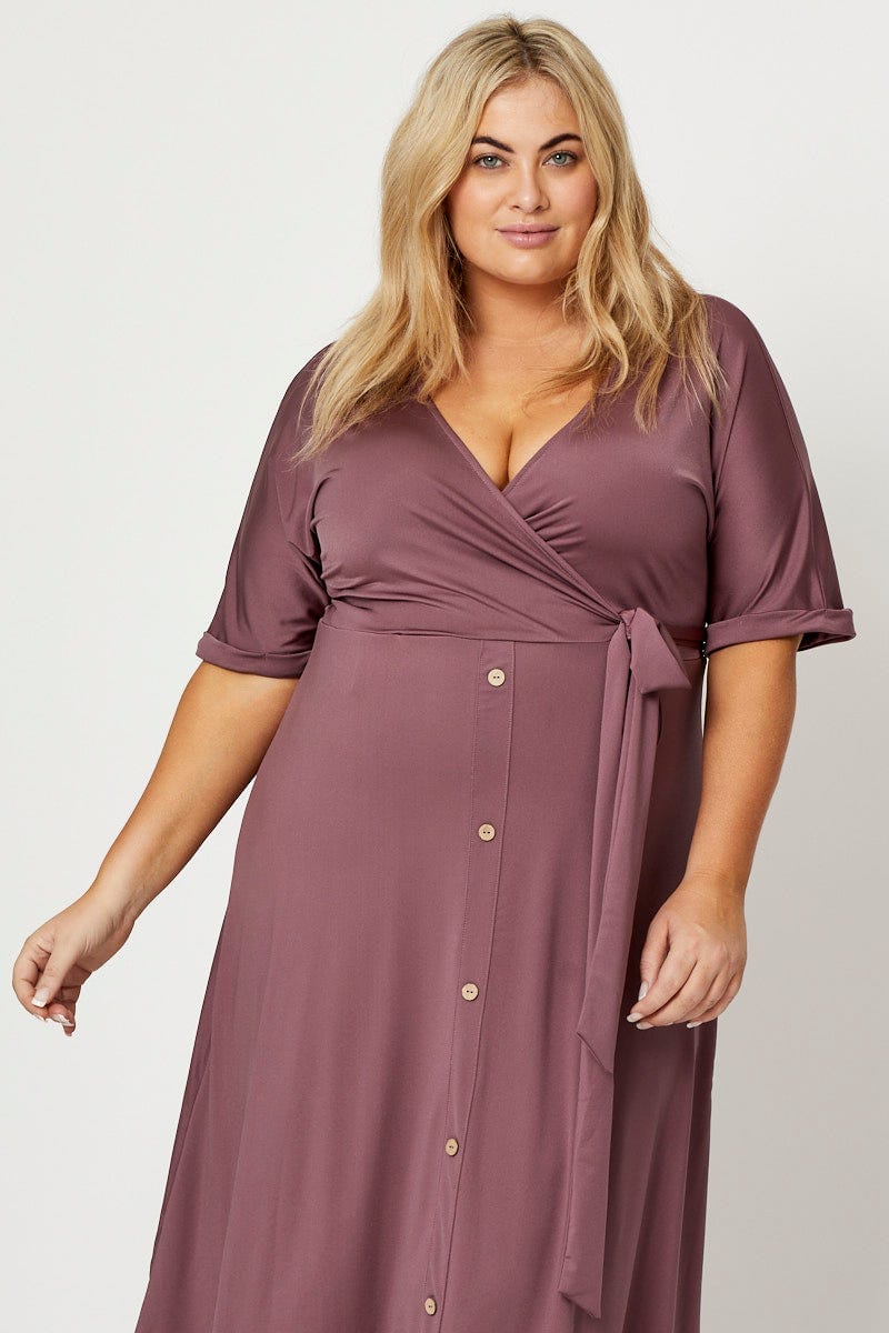 Purple Midi Dress V-neck Short Sleeve Waist Tie - Image 5