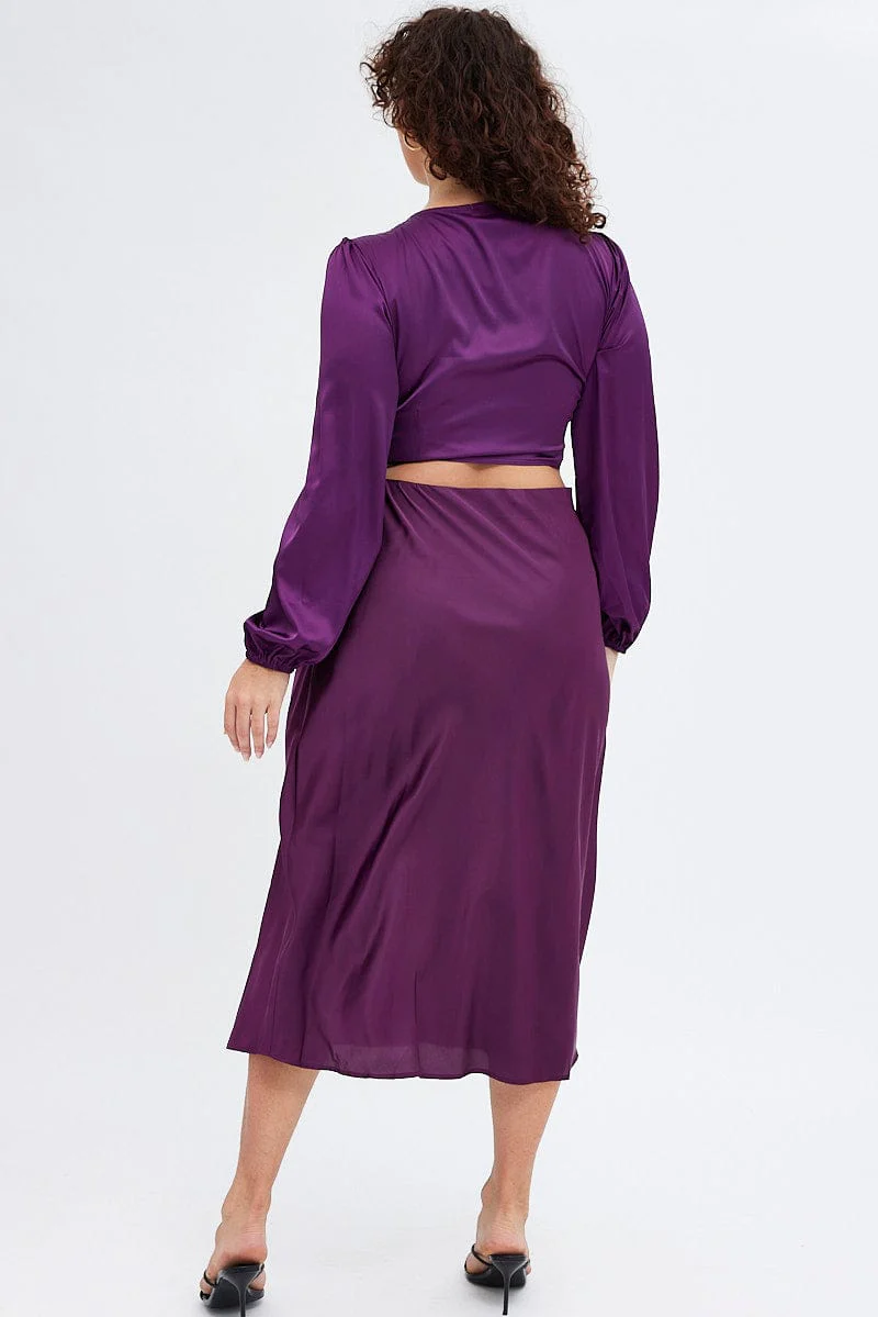 Purple Midi Skirt Elastic Waist Split Satin - Image 6